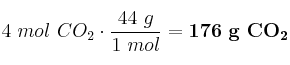 4\ mol\ CO_2\cdot \frac{44\ g}{1\ mol} = \bf 176\ g\ CO_2