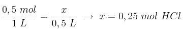 \frac{0,5\ mol}{1\ L} = \frac{x}{0,5\ L}\ \to\ x = 0,25\ mol\ HCl