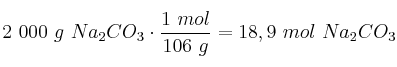 2\ 000\ g\ Na_2CO_3\cdot \frac{1\ mol}{106\ g} = 18,9\ mol\ Na_2CO_3