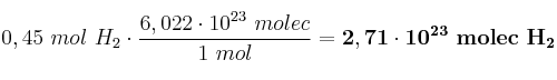 0,45\ mol\ H_2\cdot \frac{6,022\cdot 10^{23}\ molec}{1\ mol} = \bf 2,71\cdot 10^{23}\ molec\ H_2