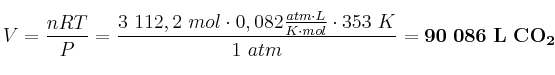 V = \frac{nRT}{P} = \frac{3\ 112,2\ mol\cdot 0,082\frac{atm\cdot L}{K\cdot mol}\cdot 353\ K}{1\ atm} = \bf 90\ 086\ L\ CO_2