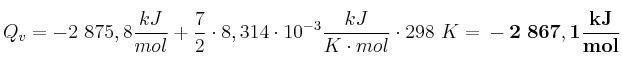Q_v = -2\ 875,8\frac{kJ}{mol} + \frac{7}{2}\cdot 8,314\cdot 10^{-3}\frac{kJ}{K\cdot mol}\cdot 298\ K = \bf -2\ 867,1\frac{kJ}{mol}