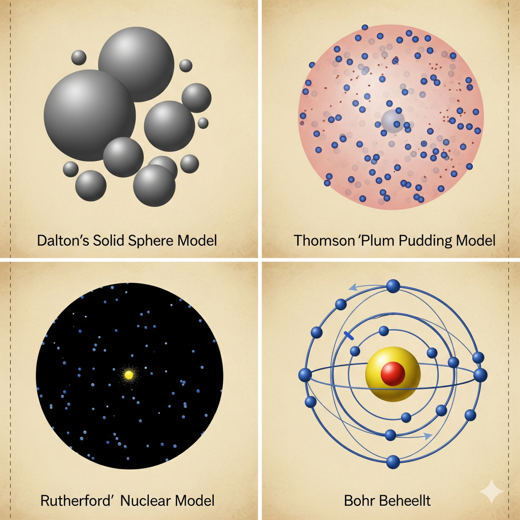 Collage de modelos atómicos clásicos