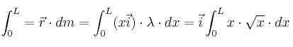 \int_0^L = \vec r\cdot dm = \int_0^L (x\vec i)\cdot \lambda\cdot dx = \vec i \int_0^L x\cdot \sqrt{x}\cdot dx