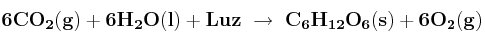 \bf 6CO_2(g) + 6H_2O(l) + Luz\ \to\ C_6H_{12}O_6(s) + 6O_2(g)