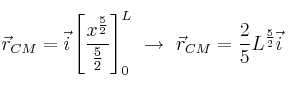 \vec r_{CM} = \vec i \left[\frac{x^{\frac{5}{2}}}{\frac{5}{2}}\right]_0^L\ \to\ \vec r_{CM} = \frac{2}{5}L^{\frac{5}{2}}\vec i