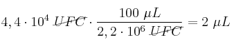 4,4\cdot 10^4\ \cancel{UFC}\cdot \frac{100\ \mu L}{2,2\cdot 10^6\ \cancel{UFC}} = 2\ \mu L