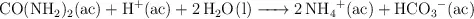 \ce{CO(NH2)2(ac) + H^+(ac) + 2H2O(l) -> 2NH4^+(ac) + HCO3^-(ac)}