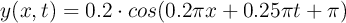 y(x,t) = 0.2\cdot cos(0.2\pi x + 0.25\pi t + \pi)