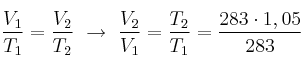 \frac{V_1}{T_1} = \frac{V_2}{T_2}\ \to\ \frac{V_2}{V_1} = \frac{T_2}{T_1} = \frac{283\cdot 1,05}{283}