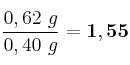 \frac{0,62\ g}{0,40\ g} = \bf 1,55