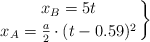 \left x_B = 5t \atop x_A = \frac{a}{2}\cdot (t - 0.59)^2 \right \}