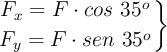 \left F_x = F\cdot cos\ 35 ^o \atop F_y = F\cdot sen\ 35^o \right \}