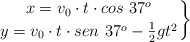 \left x = v_0\cdot t\cdot cos\ 37^o \atop y = v_0\cdot t\cdot sen\ 37^o - \frac{1}{2}gt^2 \right \}