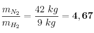 \frac{m_{N_2}}{m_{H_2}} = \frac{42\ kg}{9\ kg} = \bf 4,67