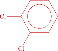 \color[RGB]{192,0,0}{\bf \chemfig{Cl-**6(-(-Cl)-----)}}