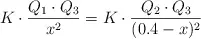 K\cdot \frac{Q_1\cdot Q_3}{x^2}  = K\cdot \frac{Q_2\cdot Q_3}{(0.4 - x)^2}