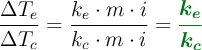 \frac{\Delta T_e}{\Delta T_c} = \frac{k_e\cdot m\cdot i}{k_c\cdot m\cdot i} = \color[RGB]{2,112,20}{\bm{\frac{k_e}{k_c}}}