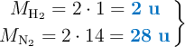\left M_{\ce{H2}} = 2\cdot 1 = {\color[RGB]{0,112,192}{\bf 2\ u}} \atop M_{\ce{N2}} = 2\cdot 14 = {\color[RGB]{0,112,192}{\bf 28\ u}} \right \}