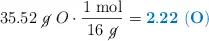 35.52\ \cancel{g}\ O\cdot \frac{1\ \text{mol}}{16\ \cancel{g}} = \color[RGB]{0,112,192}{\bf 2.22\ (O)}