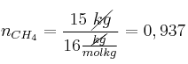 n_{CH_4} = \frac{15\ \cancel{kg}}{16\frac{\cancel{kg}}{molkg}} = 0,937