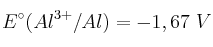 E^\circ (Al^{3+}/Al) = -1,67\ V