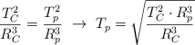 \frac{T_C^2}{R_C^3}  = \frac{T_p^2}{R_p^3}\ \to\ T_p = \sqrt{\frac{T_C^2\cdot R_p^3}{R_C^3}}