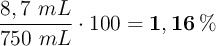 \frac{8,7\ mL}{750\ mL}\cdot 100 = \bf 1,16\%