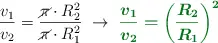 \frac{v_1}{v_2} = \frac{\cancel{\pi}\cdot R_2^2}{\cancel{\pi}\cdot R_1^2}\ \to\ \color[RGB]{2,112,20}{\bm{\frac{v_1}{v_2} = \left(\frac{R_2}{R_1}\right)^2}}