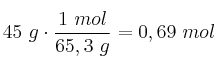 45\ g\cdot \frac{1\ mol}{65,3\ g} = 0,69\ mol