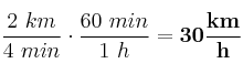 \frac{2\ km}{4\ min}\cdot \frac{60\ min}{1\ h} = \bf 30\frac{km}{h}