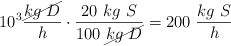 10^3\frac{\cancel{kg\ D}}{h}\cdot \frac{20\ kg\ S}{100\ \cancel{kg\ D}}  = 200\ \frac{kg\ S}{h}