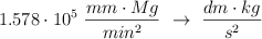 1.578\cdot 10^5\ \frac{mm\cdot Mg}{min^2}\ \rightarrow\ \frac{dm\cdot kg}{s^2}