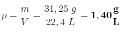 \rho = \frac{m}{V} = \frac{31,25\ g}{22,4\ L} = \bf 1,40\frac{g}{L}