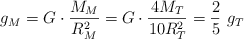 g_M = G\cdot \frac{M_M}{R_M^2} = G\cdot \frac{4M_T}{10R_T^2} = \frac{2}{5}\ g_T