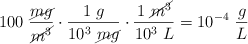 100\ \frac{\cancel{mg}}{\cancel{m^3}}\cdot \frac{1\ g}{10^3\ \cancel{mg}}\cdot \frac{1\ \cancel{m^3}}{10^3\ L} = 10^{-4}\ \frac{g}{L}