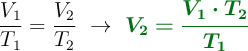 \frac{V_1}{T_1} = \frac{V_2}{T_2}\ \to\ \color[RGB]{2,112,20}{\bm{V_2= \frac{V_1\cdot T_2}{T_1}}}