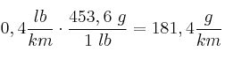 0,4\frac{lb}{km}\cdot \frac{453,6\ g}{1\ lb} = 181,4\frac{g}{km}