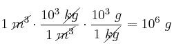 1\ \cancel{m^3}\cdot \frac{10^3\ \cancel{kg}}{1\ \cancel{m^3}}\cdot \frac{10^3\ g}{1\ \cancel{kg}} = 10^6\ g