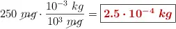 250\ \cancel{mg}\cdot \frac{10^{-3}\ kg}{10^3\ \cancel{mg}} = \fbox{\color[RGB]{192,0,0}{\bm{2.5\cdot 10^{-4}\ kg}}}