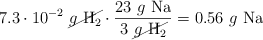 7.3\cdot 10^{-2}\ \cancel{g\ \ce{H2}}\cdot \frac{23\ g\ \ce{Na}}{3\ \cancel{g\ \ce{H2}}} = 0.56\ g\ \ce{Na}
