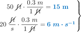 \left 50\ \cancel{ft}\cdot \dfrac{0.3\ m}{1\ \cancel{ft}} = {\color[RGB]{0,112,192}{\bf 15\ m}} \atop 20\ \dfrac{\cancel{ft}}{s}\cdot \dfrac{0.3\ m}{1\ \cancel{ft}} = {\color[RGB]{0,112,192}{\bm{6\ m\cdot s^{-1}}} \right \}
