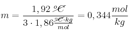 m = \frac{1,92\ \cancel{^oC}}{3\cdot 1,86\frac{\cancel{^oC}\cdot kg}{mol}} = 0,344\frac{mol}{kg}
