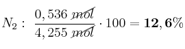 N_2:\ \frac{0,536\ \cancel{mol}}{4,255\ \cancel{mol}}\cdot 100 = \bf 12,6\%