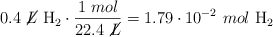 0.4\ \cancel{L}\ \ce{H2}\cdot \frac{1\ mol}{22.4\ \cancel{L}} = 1.79\cdot 10^{-2}\ mol\ \ce{H2}}