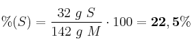 \%(S) = \frac{32\ g\ S}{142\ g\ M}\cdot 100 = \bf 22,5\%