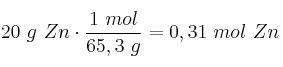 20\ g\ Zn\cdot \frac{1\ mol}{65,3\ g} = 0,31\ mol\ Zn