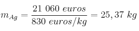 m_{Ag} = \frac{21\ 060\ euros}{830\ euros/kg} = 25,37\ kg