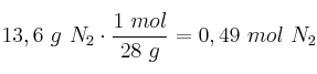 13,6\ g\ N_2\cdot \frac{1\ mol}{28\ g} = 0,49\ mol\ N_2