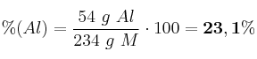 \%(Al) = \frac{54\ g\ Al}{234\ g\ M}\cdot 100 = \bf 23,1\%